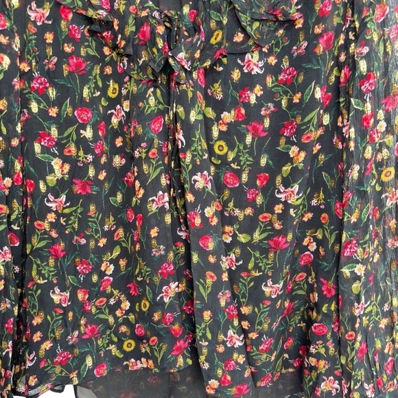 J CREW Ruffleneck Peasant Top Black Flora Gold Metallic Blouse Womens Large NWOT - Picture 7 of 15
